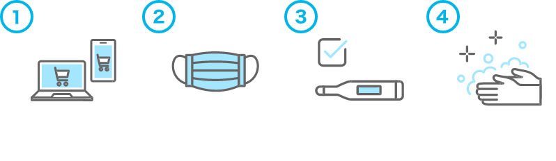 1.宅配買取はすべてオンラインで完結 2.訪問する場合はマスク着用 3.37.5度以上は訪問いたしません 4.スタッフの手洗いうがいを徹底